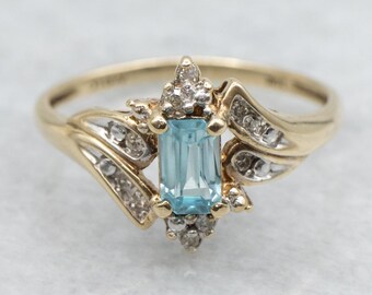 Emerald-Cut Blue Zircon Diamond Bypass Ring, 10K Yellow Gold