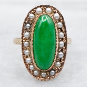 Antique Jadeite and Seed Pearl Halo Ring, Victorian Jadeite Ring, Jadeite Jewelry, Estate Jewelry, Gold Jadeite Ring, Green Stone A41306