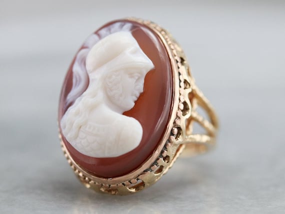 Mid Century Spartan Cameo Ring, Vintage Gold Came… - image 1