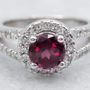 Pink Garnet and Diamond Halo Ring, White Gold Garnet Ring, Garnet Statement Ring, Garnet Jewelry, January Birthstone, Halo Jewelry A53354
