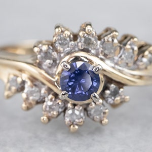 Sapphire and Diamond Bypass Ring, Sapphire Halo Ring, Yellow Gold Sapphire Ring, Sapphire Cocktail Ring, Anniversary Gift D710E1DN