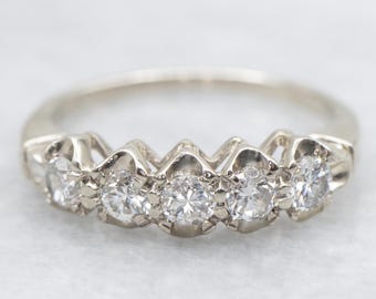 Diamanten 14 kt witgouden trouwring, stapelring met vijf stenen