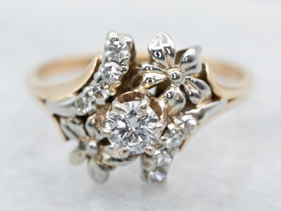 Floral Retro Era Diamond Cocktail Ring, Two Tone … - image 1