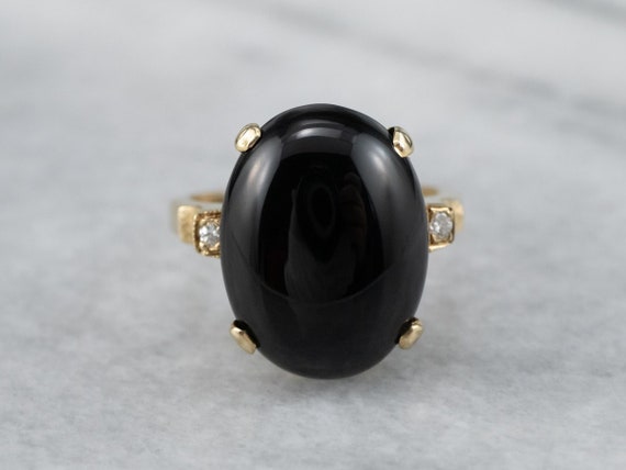 Black Onyx Diamond Yellow Gold Ring, Onyx Stateme… - image 1