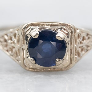 Anello solitario con zaffiro Art Deco, anello in filigrana d&#39;oro bianco, fidanzamento con zaffiro, anello di fidanzamento antico, gioielli Art Deco A29396
