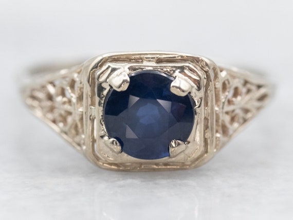 Art Deco Sapphire Solitaire Ring, White Gold Fili… - image 1
