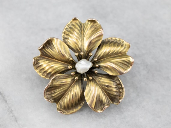 Antique Baroque Pearl Flower Pin or Pendant, Yell… - image 1