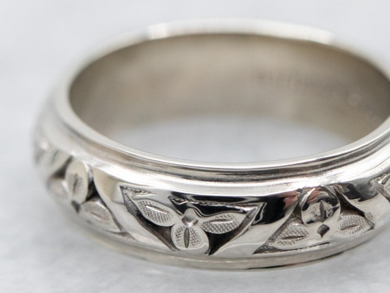 White Gold Botanical Etched Wedding Band, White G… - image 2