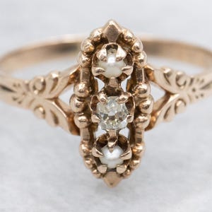 Victorian Rose Gold, Mine Cut Diamond and Seed Pearl Ring, Antique Three Stone Ring, Victorian Estate Jewelry, Antique Cut Diamond A67705