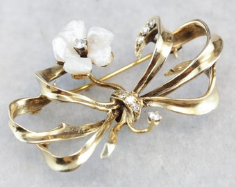 Retro Floral Diamond Gold Bow Brooch, Vintage Pearl Bow Gold Pin, Bridal Jewelry, Estate Jewelry 9WM6Z9JF