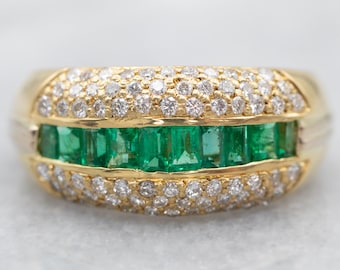 Yellow Gold Emerald and Diamond Band, Yellow Gold Emerald Ring, Anniversary Band, Yellow Gold Band, Anniversary Gift, A27438