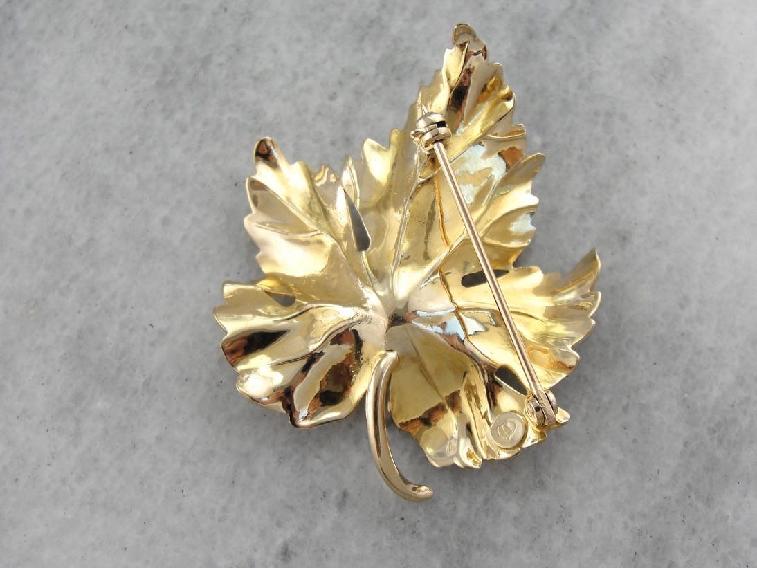 Realistic Maple Leaf Brooch With Opal Set at the Center Realistic Maple Leaf Brooch With Opal Set at the Center