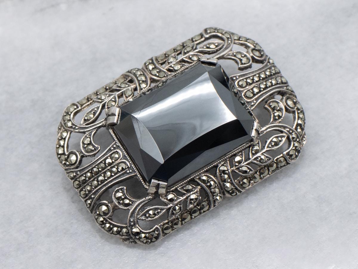 Sterling Silver 1920s Hematite and Marcasite Botanical Brooch