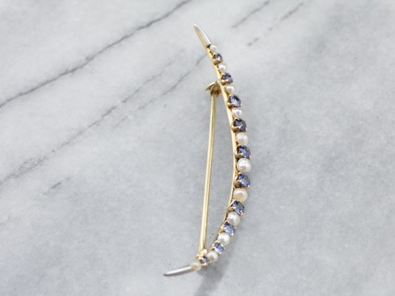 Crescent Moon Sapphire and Pearl Brooch, Yellow G… - image 4