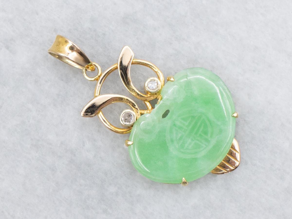 Jadeite Owl Pendant, Diamond Eyes, 14K Gold Animal Jewelry
