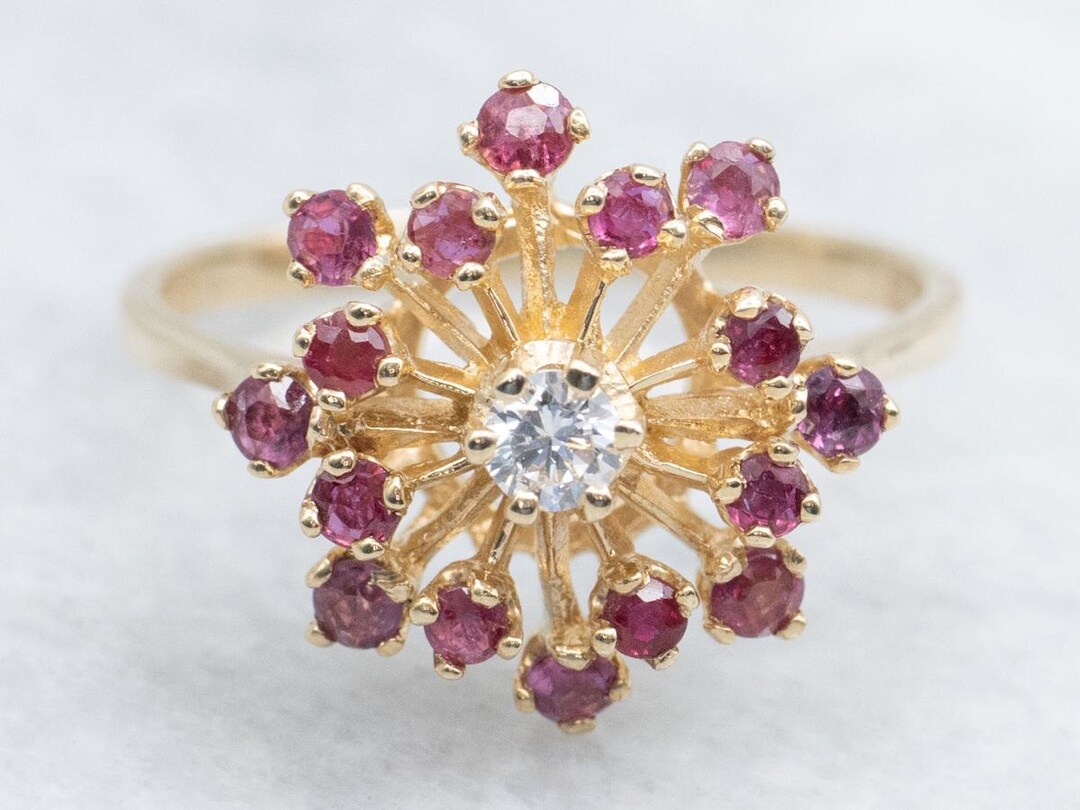 Vintage Gold Diamond and Ruby Cluster Ring - Etsy