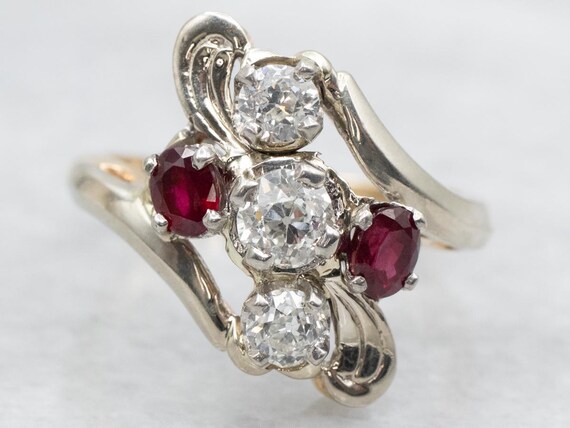 Vintage 14K Two-Tone Gold Ruby Diamond Bypass Ring - image 1