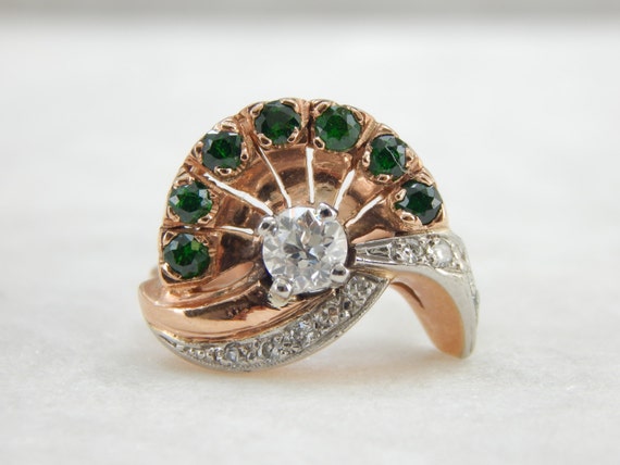 Retro 1940's Flair Rose Gold Diamonds and Green G… - image 1