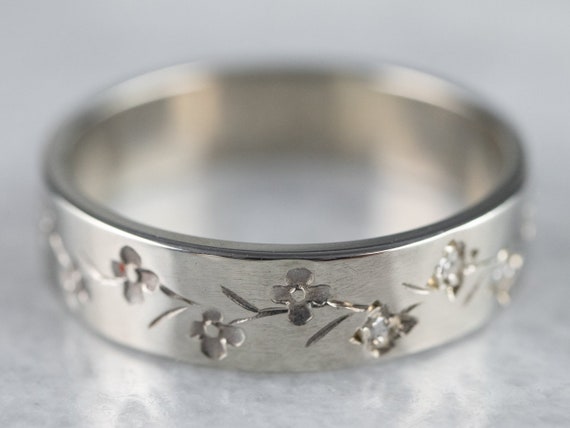 Diamond Floral Patterned Gold Band, Flower Stacki… - image 1