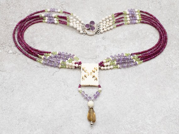 Sterling Silver Ruby Bone Amethyst Peridot Neckla… - image 2