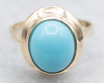 14K Gold Turquoise Cabochon Ring, Size 7.5
