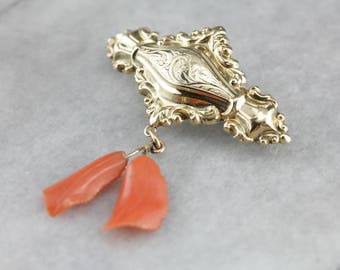 Ornate Victorian Coral Gold Brooch, Antique Pin R1DH4X-R