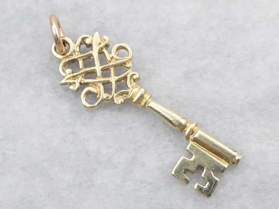 Yellow Gold Ornate Key Pendant, Yellow Gold Key P… - image 1