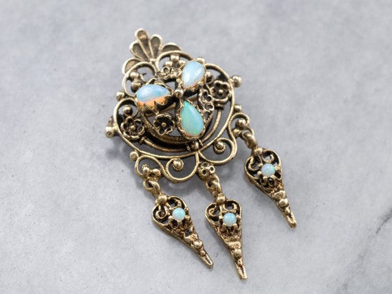Victorian Revival Opal Gold Brooch, Opal Filigree