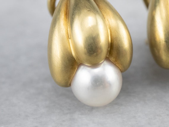 Botanical Brushed Gold Pearl Drop Earrings, Yello… - image 6