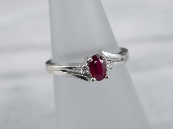 Ruby and Diamond 14K White Gold Bypass Ring, July… - image 7