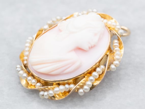 Vintage Pink Cameo Seed Pearl Pendant, Yellow Gol… - image 1