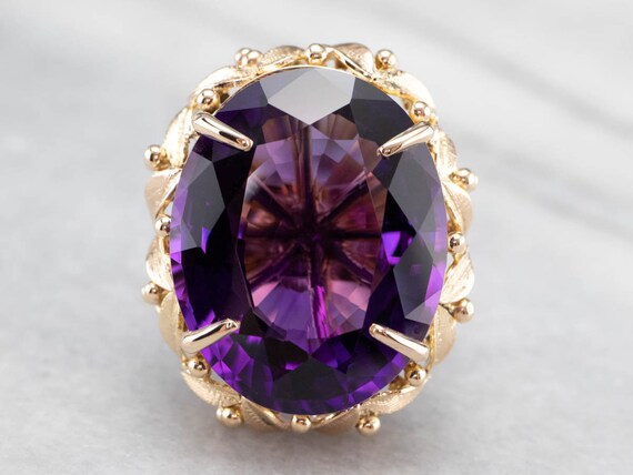 18K Gold Amethyst Cocktail Ring, Botanical Statem… - image 2