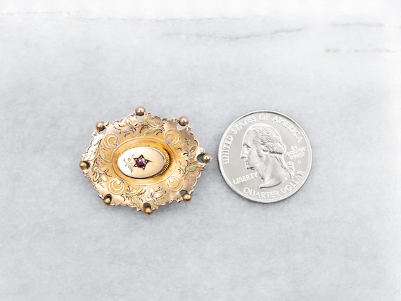 Ornate Victorian 9K Yellow Gold Ruby Brooch, Brid… - image 4