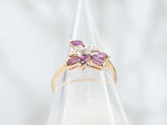 Vintage Floral 10K Gold Ruby and Diamond Ring, Si… - image 3