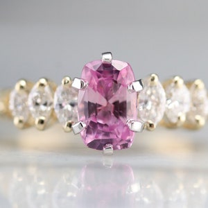 Bague saphir rose et diamant marquise, bague de fiançailles saphir rose, bague saphir en or jaune, bague d&#39;anniversaire 5U5R4TY3