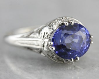 Gorgeous Art Deco White Gold Filigree Ceylon Sapphire Engagement Ring H7CWHZ-D