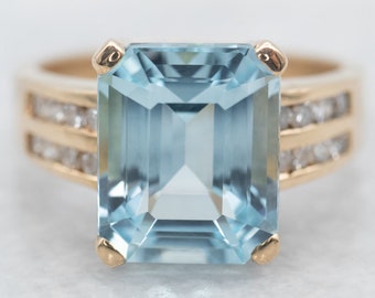 Yellow Gold Emerald Cut Blue Topaz Ring with Diamond Shoulders, Yellow Gold Blue Topaz Ring, Blue Topaz Ring, Gold Topaz Ring, Ring A32742