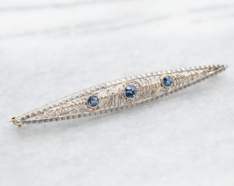 Art Deco Sapphire Filigree Brooch, 14K Gold & Platinum Bar Pin