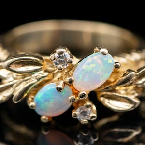 Vintage Opal Diamond Ring, Botanical Opal Ring, Opal Birthstone, Yellow Gold Opal Ring, Opal Jewelry, Birthday Gift A54629