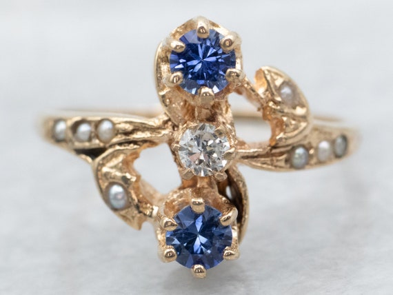 Antique Diamond Sapphire and Seed Pearl Ring, Yel… - image 2