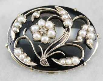 Antique Floral Seed Pearl and Diamond Brooch, Antique Enamel Brooch, Victorian Estate Jewelry, Anniversary Gift, Birthday Gift 9NVAAH