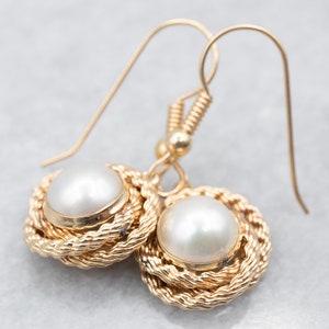 Yellow Gold Pearl Drop Earrings, Twisted Frame Earrings, Anniversary Gift, Bridal Jewelry, Gifts for Her, A26447