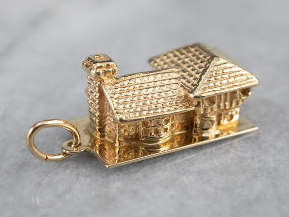 Vintage 14K Gold House Charm Pendant, Detailed Design View 2