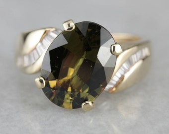 Rare Demantoid Garnet Cocktail Ring, Garnet and Diamond Ring, Modernist Bypass Ring CKZJ06-N