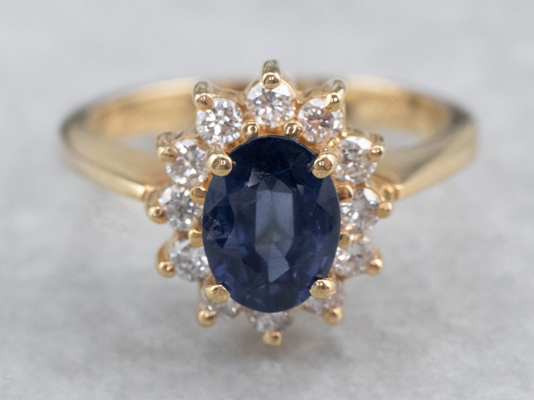 Sapphire Diamond Halo Ring Yellow Gold Sapphire Ring - Etsy