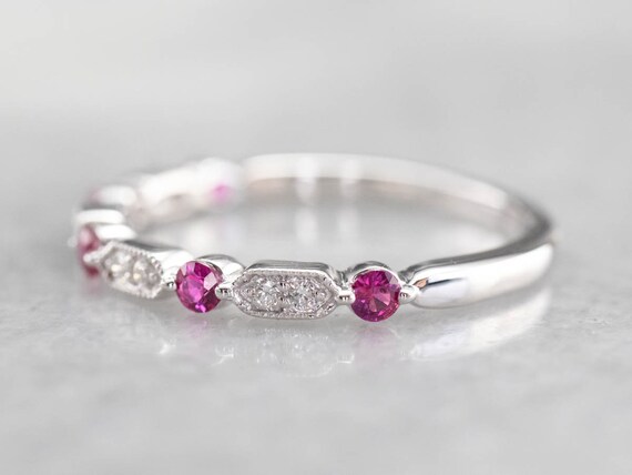 14K White Gold Ruby and Diamond Stacking Band - image 4