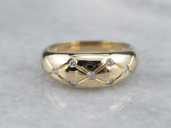 Vintage 14K Yellow Gold Diamond Pattern Band, Wide Stacking Ring