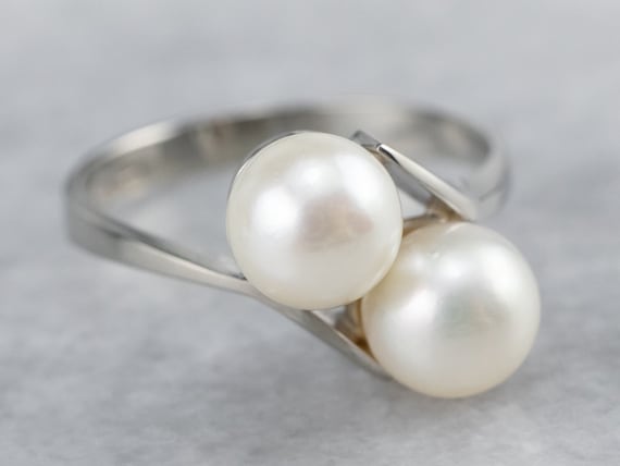 Simple Pearl Bypass Ring, White Gold Pearl Ring, … - image 2