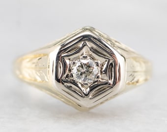 Vintage 14K Two-Tone Gold Diamond Ring, European Cut, 1930s