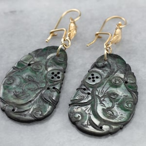 Carved Jade Gold Drop Earrings, Statement Earrings, Bridal Jewelry, Gift for Her, Dark Green Jade, 3F6AN3FP